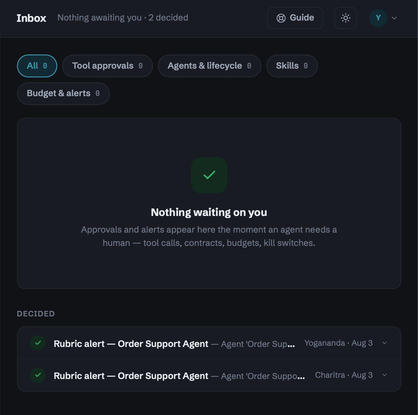 Alpha Control approval inbox showing pending approvals and a log of past sign-offs