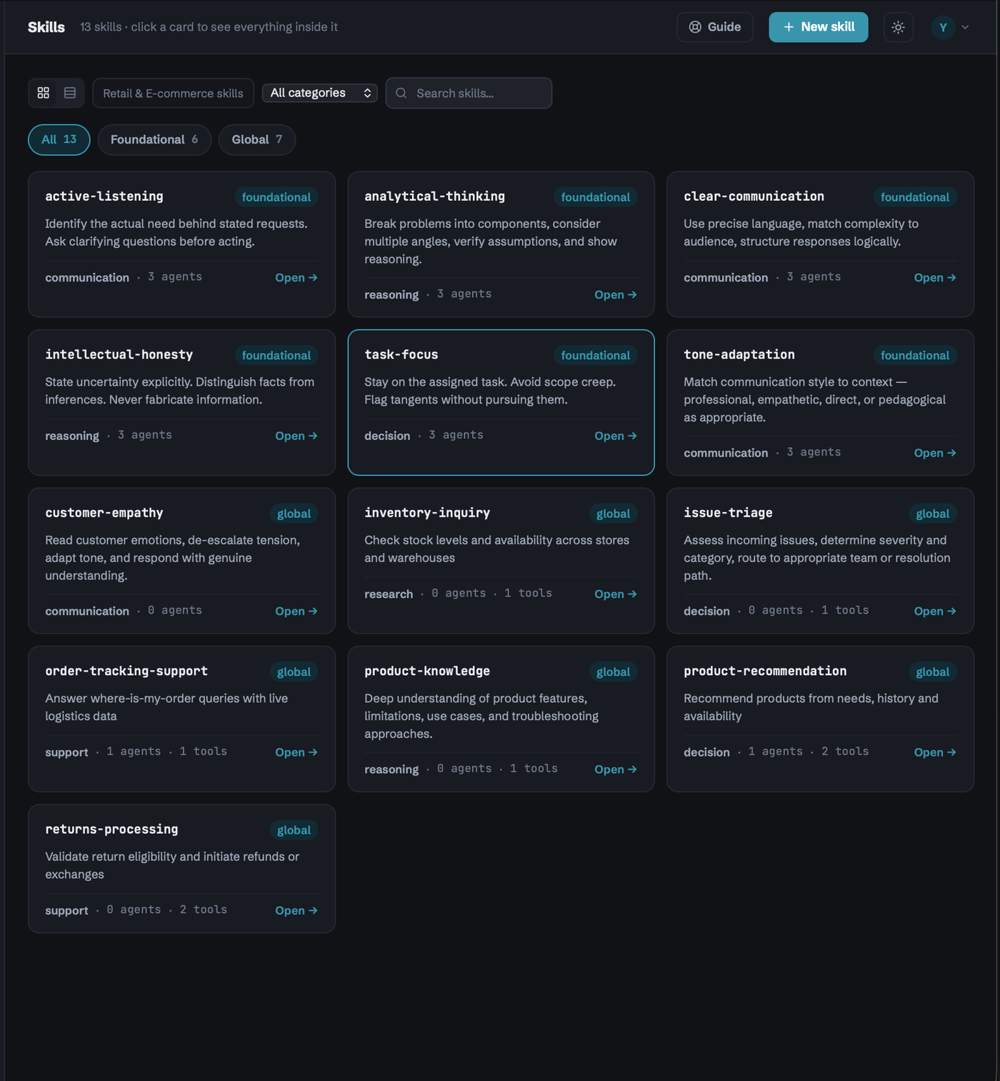 Alpha Control Skills catalog in dark mode showing 13 registered skills grouped as foundational and global, each tagged by category